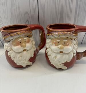 VTG Santa Claus Mug  Art Pottery Christmas Holiday Coffee Tea  Decor Set of 2